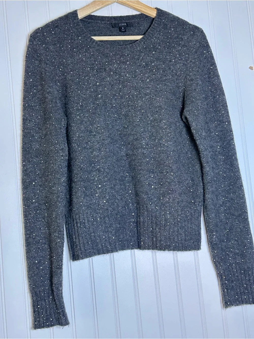 J. Crew Sparkle Soft Merino Wool Alpaca Gray gemstones/crystals S Crew Neck Soft